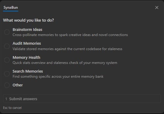 SynaBun interactive menu in Claude Code showing Brainstorm Ideas, Audit Memories, Memory Health, Search Memories options